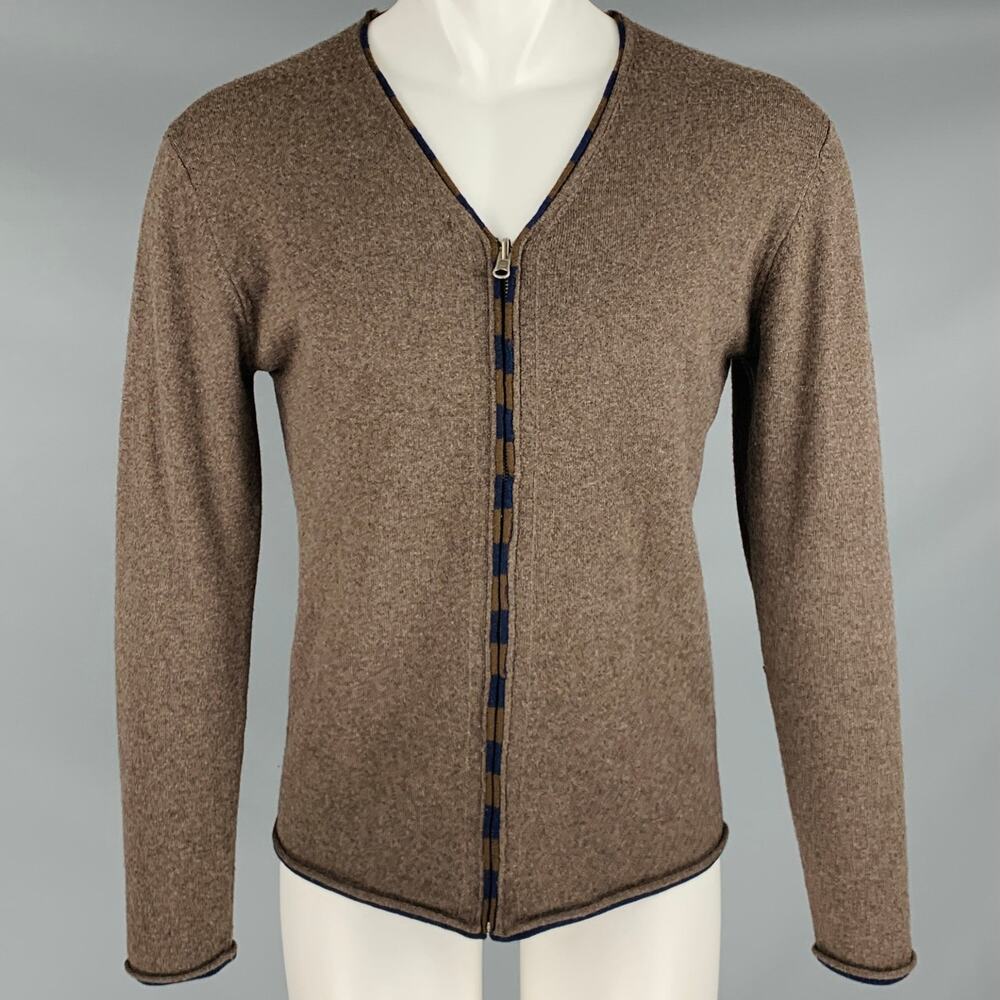 YIGAL AZROUEL Size M Brown Navy Stripe Wool Zip Up Cardigan